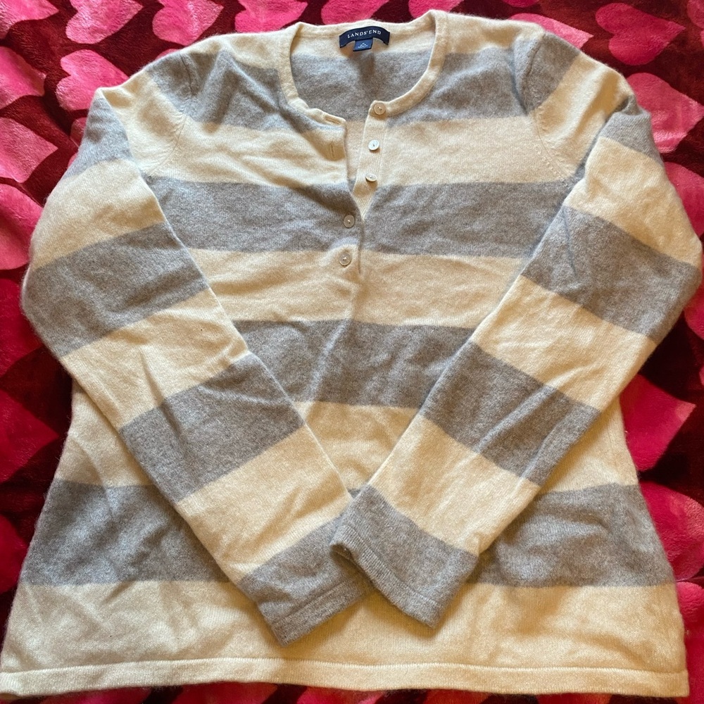 Lands' End Gray and Cream Striped Crewneck Sweater